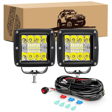 2 Pcs 3Inch 42W Spot Flood LED Pods with 16AWG 3Pin Wiring Harness Kit